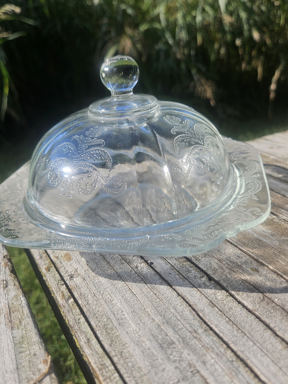 Vintage Federal Glass Madrid Etched Crystal Covered Butter Dish Clear